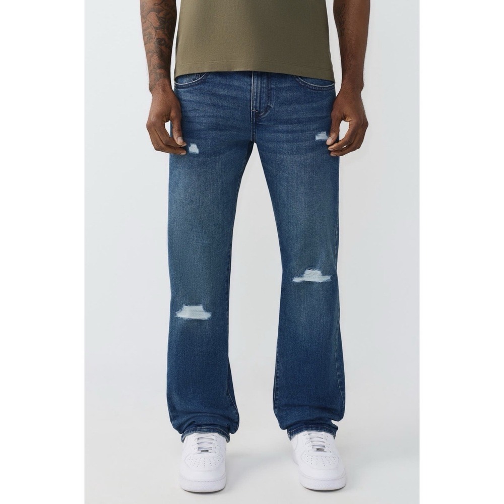 TRUE RELIGION Ricky Rip Repair  Straight Leg Med Blue Comet - 34